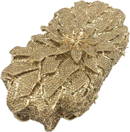 Vista 4 de Boutique De FGG Bolsos de noche con diamantes de imitación de flores para mujer, para fiesta formal, de cristal, bolso de mano de boda, mini Dorado