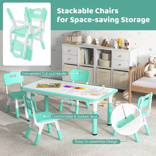 Vista 4 de Costzon Juego de mesa y 4 sillas para niños, escritorio y sillas para niños pequeños de altura ajustable con escritorio de graffiti, patas Verde