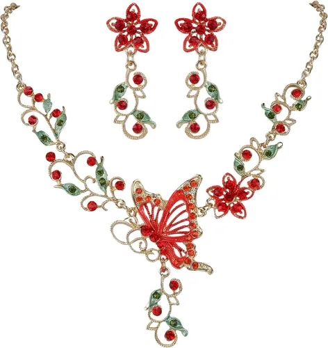 Vista 10 de EleQueen Conjunto de collar y pendientes de mariposa, flor y hoja de cristal austriaco para mujer Negro