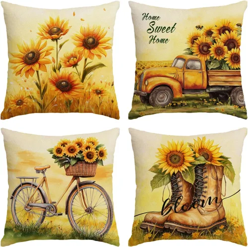 Vista 12 de Juego de 4 fundas de almohada decorativas de color rosa de 16 x 16 pulgadas, fundas de almohada cuadradas con flores de primavera y verano