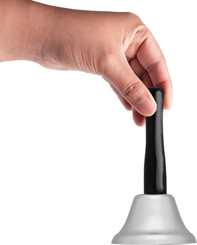 Vista 2 de Campana de mano de acero plateado para decoraciones de bodas, eventos, líneas de alimentos, alarma, sonajas, sonidos