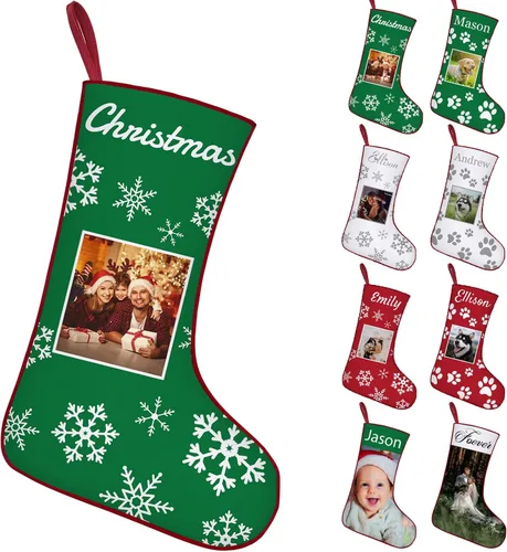 Vista 10 de Calcetines de Navidad personalizados con foto de nombre, imagen de perros y mascotas, patas de perro, calcetines de Navidad, decoración colgante