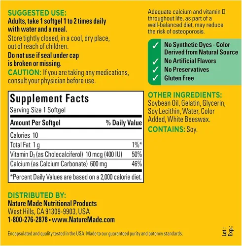 Vista 4 de Nature Made Calcio 600 mg con vitamina D cápsulas blandas líquidas 100 ea (paquete de 2)