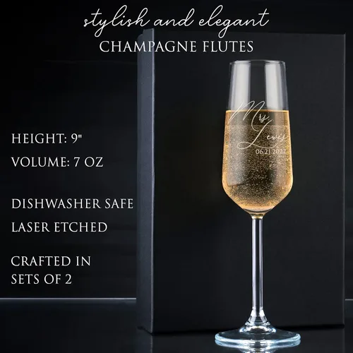 Vista 3 de Copas de champán personalizadas para bodas para novia y novio - Juego de 2, 7 oz, 2 diseños - Copas de champán Mr and Mrs para compromiso con tu