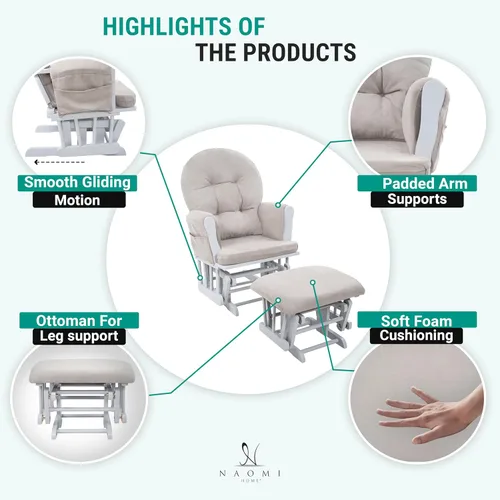 Vista 5 de Naomi Home Mecedora para bebé con otomana – Silla deslizante suave y silenciosa, respaldo alto y brazos acolchados para alimentación, muebles