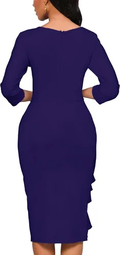 Vista 6 de Yajedo - Vestidos de iglesia para mujer, diseño clásico de manga 34, entallado, con volantes, vestido tubo de largo por debajo de la rodilla