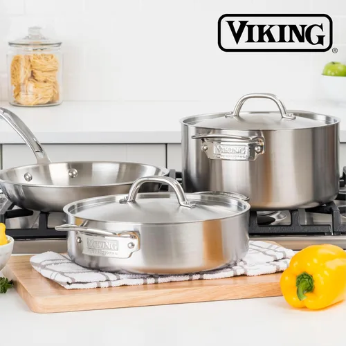 Vista 6 de Viking Olla de acero inoxidable de 5 capas, olla de cocina de sopa de 6 cuartos de galón con tapa, utensilios de cocina, acabado satinado