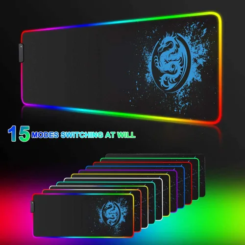 Vista 5 de Alfombrilla de mouse grande RGB para juegos, 15 modos de luz, alfombrilla de teclado de computadora extendida, alfombrilla de mouse de dragón