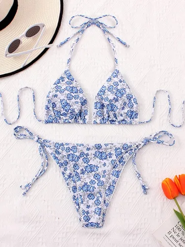 Vista 5 de Conjunto de traje de baño de bikini para mujer, traje de baño triangular, tanga de lazo