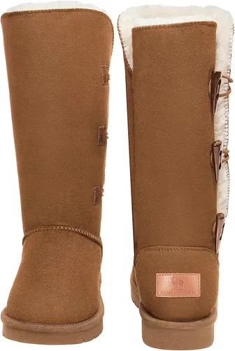 Vista 2 de CAMEL CROWN Botas de invierno a media pantorrilla de 12 pulgadas de alto para mujer, botas de nieve de piel sintética con 3 botones, botines de moda