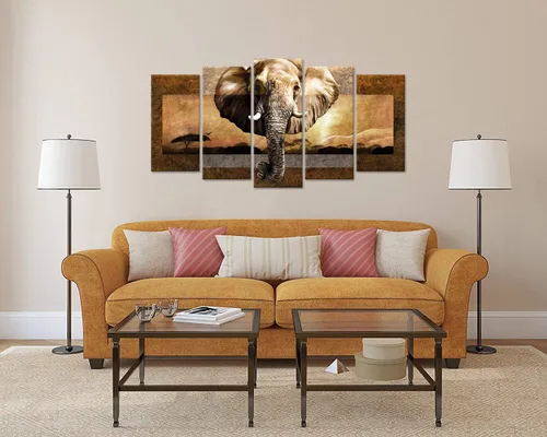 Vista 5 de iHAPPYWALL Lienzo grande de 5 piezas de elefante africano, arte de pared de animales salvajes, paisaje africano, pintura sobre lienzo