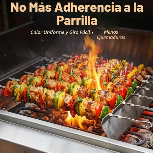 Vista 2 de Brocheta de acero inoxidable de 13.8 pulgadas, soporte universal compatible con madera, acero redondo, pinchos planos y de bambú, accesorios