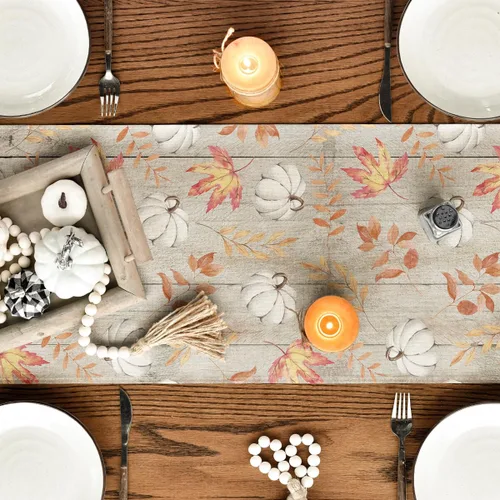 Vista 7 de Artoid Mode Camino de mesa de otoño de madera beige con hojas de arce, decoración de mesa de comedor de cocina de otoño de temporada para decoración