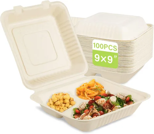 Vista 8 de greensight Contenedor de comida compostable para llevar de 6 x 6, paquete de 100 recipientes desechables de almeja para alimentos, cajas