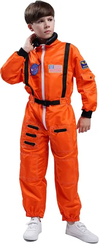 Vista 4 de Maxim Party Supplies Disfraz de astronauta para niños, traje espacial con parches bordados y bolsillos para niños, niños pequeños (23, naranja)