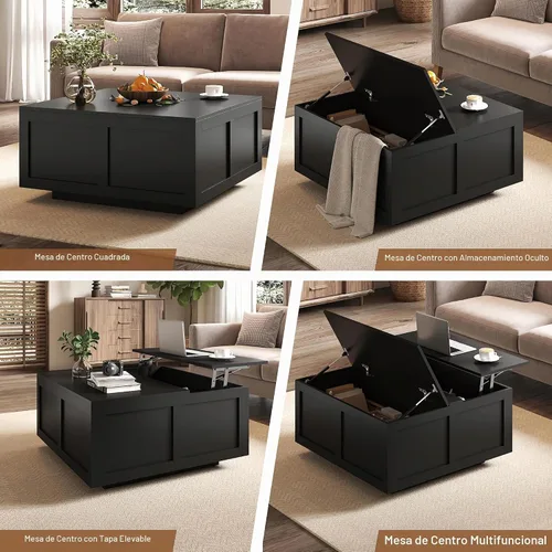 Vista 3 de HedoAjim Mesa de centro elevable con almacenamiento, mesa de centro cuadrada negra de 31.5 pulgadas con gran almacenamiento oculto, mesa central