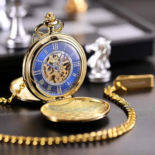 Vista 6 de Reloj de bolsillo - Serie de doble carcasa suave con esfera de esqueleto, delicado movimiento mecánico con cadena, dorado, Oro, Mecánico
