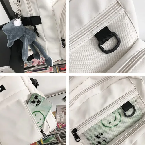 Vista 7 de Bonita mochila estética para la escuela con bonito colgante, mochila casual para estudiantes de medio viaje, universidad, Negro -, Grande, Mochilas