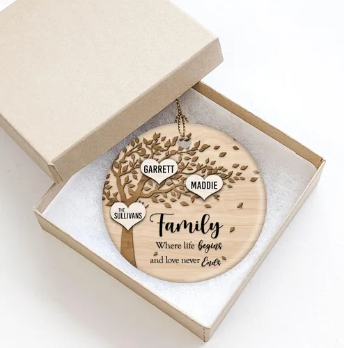 Vista 3 de Family Where Life Begins and Never Ends - Adorno de Navidad personalizado de cerámica de 3 pulgadas con caja de regalo (2 nombres)