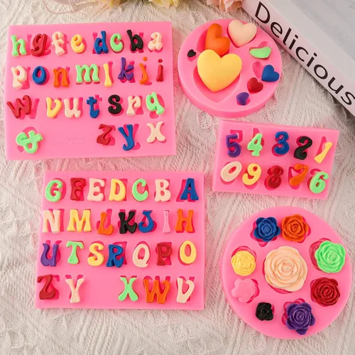 Vista 5 de Moldes de letras del alfabeto, 5 piezas de letras y números, forma de corazón, flores, molde de silicona para fondant de chocolate, arcilla