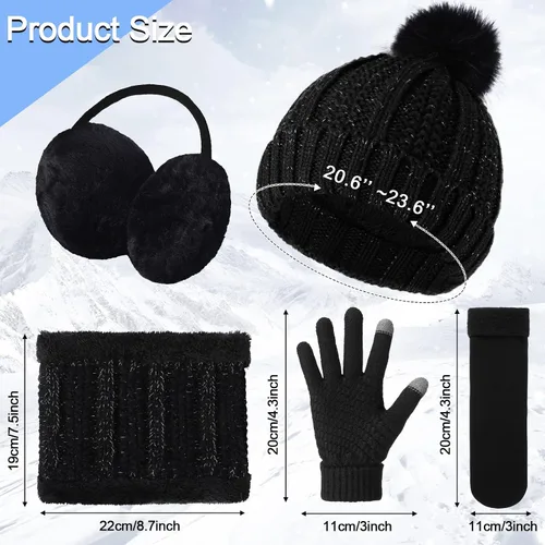 Vista 2 de 5 Pieces Women Winter Ski Outing Set, Knit Hat Scarf Gloves Earmuffs Stockings