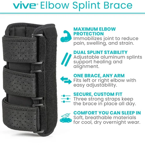 Vista 2 de Vive Férula de codo para tendinitis, túnel cubital, soporte para dormir, codo de tenista, 2 férulas extraíbles que estabilizan las articulaciones