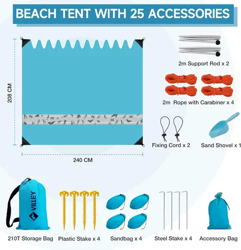 Vista 7 de Villey Tienda de campaña de playa con protección UPF50+, parasol portátil de 8 x 7 pies con 2 postes de estabilidad, 8 clavijas de tierra, 4 sacos