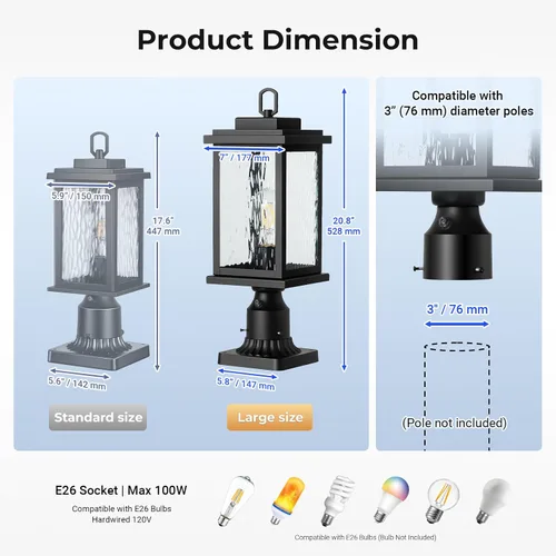 Vista 8 de VIANIS Luces de Poste Exteriores Grandes de Anochecer a Amanecer, Lámpara de Poste Exterior Cableada Permanentemente Negra Impermeable con Base