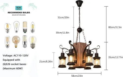 Vista 5 de OUKANING Lámpara colgante de madera envejecida, estilo retro, rústica, línea de luz de techo de suspensión industrial que se puede ajustar para mesa
