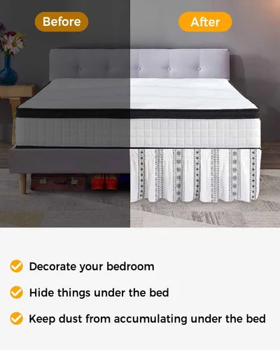 Vista 3 de Falda de cama bohemia tamaño Queen de 16 pulgadas de caída, ajustable y elástica, plisada, con volantes de lujo para cama individual, matrimonial