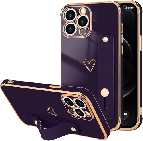 Vista 62 de LLZ.COQUE Funda compatible con iPhone 12 para mujeres y niñas, parachoques chapado de lujo con bonito diseño de corazón de amor, soporte de correa