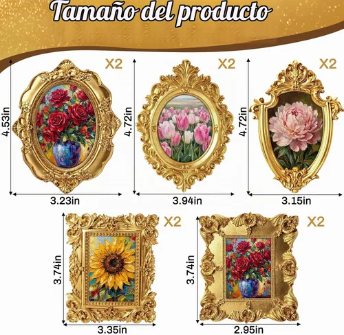 Vista 2 de Threehoney 10 piezas de mini marcos magnéticos vintage, oro victoriano
