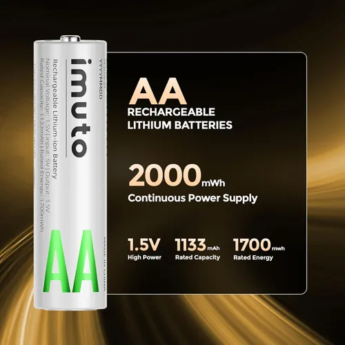 Vista 2 de imuto Baterías recargables AA con cargador, baterías de litio AA de 2000 mAh, paquete de 8, cargador de baterías de litio AA delgado de 8 ranuras
