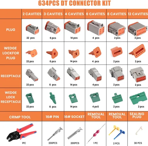 Vista 2 de 634 piezas, kit de 50 juegos de conectores DT, herramienta de crimpado para conectores Deutsch, herramienta de extracción de terminales, conector