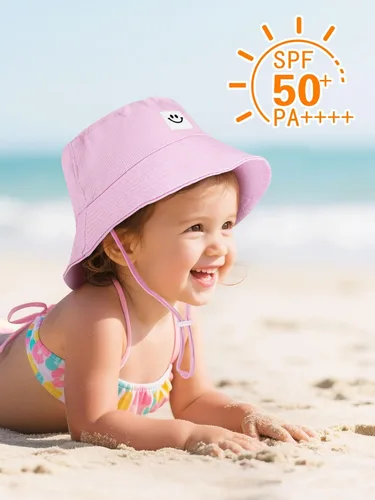 Vista 5 de Cooraby Paquete de 4 sombreros de sol para bebé, transpirable, con sonrisa, sombrero de cubo protector solar para bebé, gorra ajustable para bebé