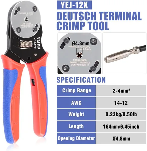 Vista 2 de Deutsch - Engarzadora de barril cerrado tamaño 12,4 vías sangría, 8 tipos de impresión para contactos sólidos Deutsch DTP calibre 14-12 AWG (YEJ-12X)