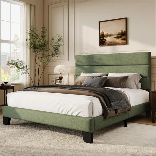 Vista 22 de WEEWAY Base de cama tamaño individual con cabecera tapizada de tela de lino y soporte de listones de madera, base de colchón resistente, no necesita