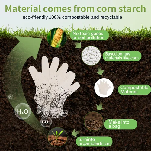 Vista 3 de Guantes desechables compostables de compost Guantes grandes de comida para limpiar cocinar, lavar platos, certificado BPI, 100 unidades, color blanco