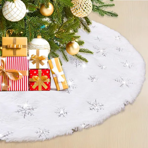 Vista 12 de Falda de árbol pequeña de 24 pulgadas, falda de árbol de piel sintética blanca de Navidad de 4 pies, mini copos de nieve de lentejuelas doradas