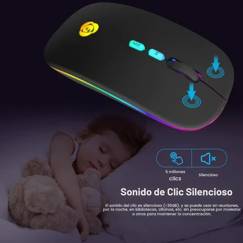 Vista 6 de CC Store Ratón Bluetooth inalámbrico LED y conexión instantánea de 2.4 GHz, recargable ultra silencioso, delgado, 3 DPI ajustables, 2 modos de Negro