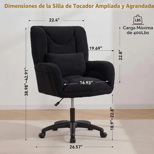 Vista 2 de FOXHUNTER Silla de tocador de gran tamaño con ruedas, silla de oficina Negro