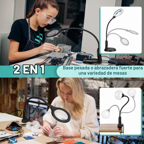 Vista 4 de Lupa 10X con luz y abrazadera, 5 modos de color, lupa iluminada regulable sin escalones con soporte, lámpara de escritorio LED de cuello de cisne