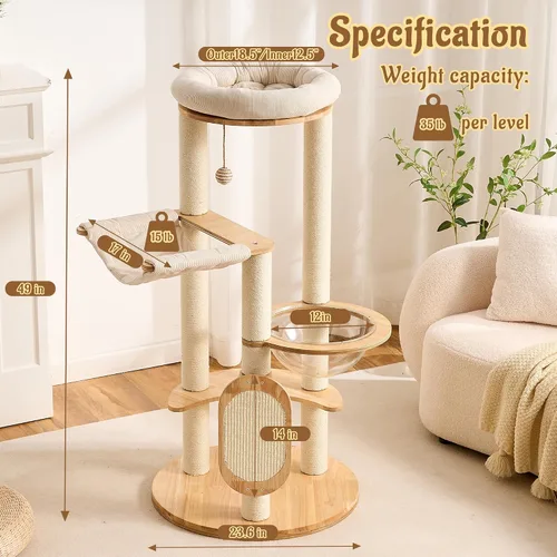 Vista 6 de Moderno árbol de madera maciza para gatos de interior de hasta 15 libras, torre para gatos de 49 pulgadas de alto con postes rascadores y rascador