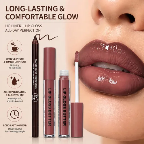 Vista 101 de BAISEN DIARY 2 en 1 doble punta mate delineador de labios y brillo de labios, lápiz combinado de labios marrón nude degradado, delineador de labios