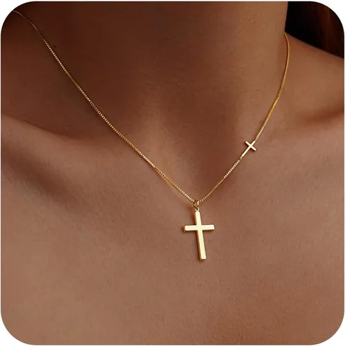 Vista 49 de Collar de cruz para mujeres y niñas, delicado chapado en oro de 14 quilates, gargantilla con dije de cruz que no se deslustra, impermeable, moderno