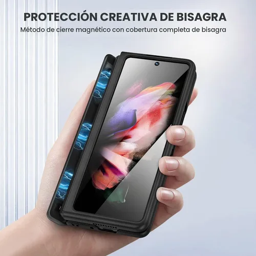 Vista 3 de Ruky - Carcasa para Samsung Galaxy Z Fold 3, color negro Magnetic Kickstand, Hinge Protection, Built-in Screen Protector PU Leather Stand Case for