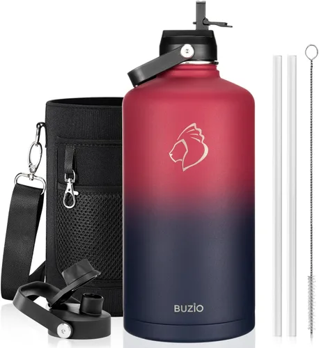 Vista 106 de BUZIO Botella de agua aislada de 24 oz, frasco de agua de boca ancha de acero inoxidable con tapa de pajita, frío durante 48 horas a prueba de Negro