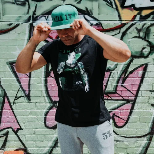 Vista 4 de 5% Nutrition Rich Piana Camiseta de entrenamiento de levantamiento de pesas Camiseta de gimnasio Camiseta de algodón, Familia de fuentes BlackGreen