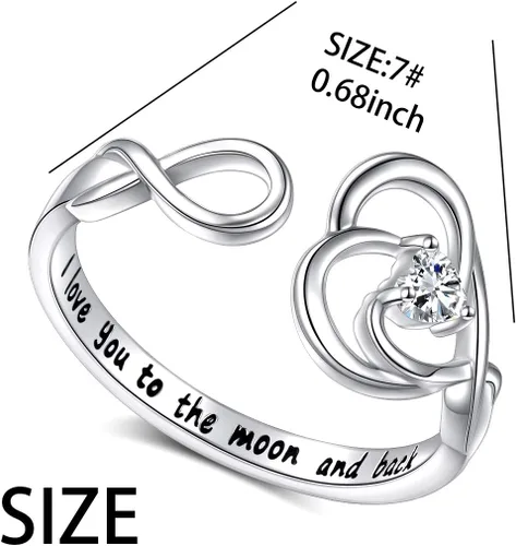 Vista 6 de Joyería de plata de ley 925 grabado I Love You To The Moon and Back Love Heart Open Ring