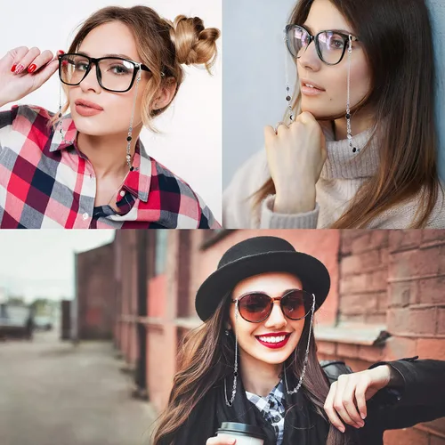 Vista 5 de Crimmy Correa de cadena para lentes alrededor del cuello para mujeres, elegantes lentes de sol, máscara y collar con cordón